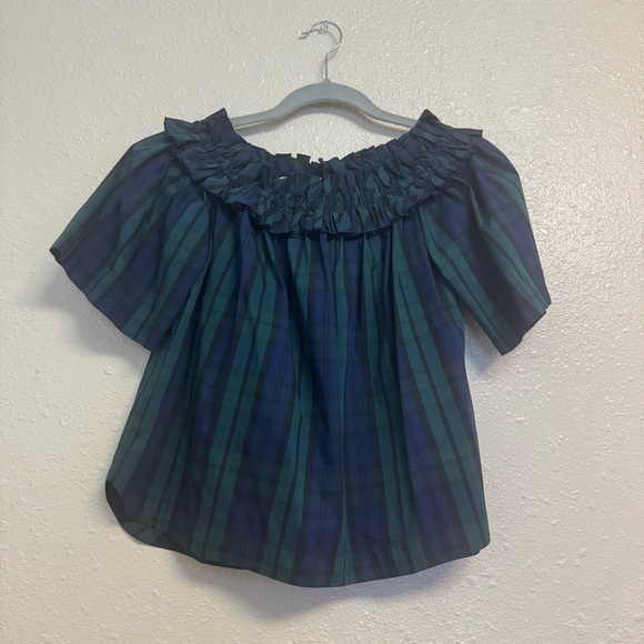 Vineyard Vines Blackwatch Plaid Off Shoulder Poplin Top - Picture 2 of 8